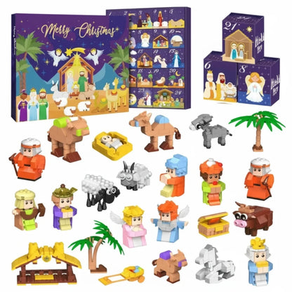 Tutte le figure del presepe e la scatola viola con 24 casette