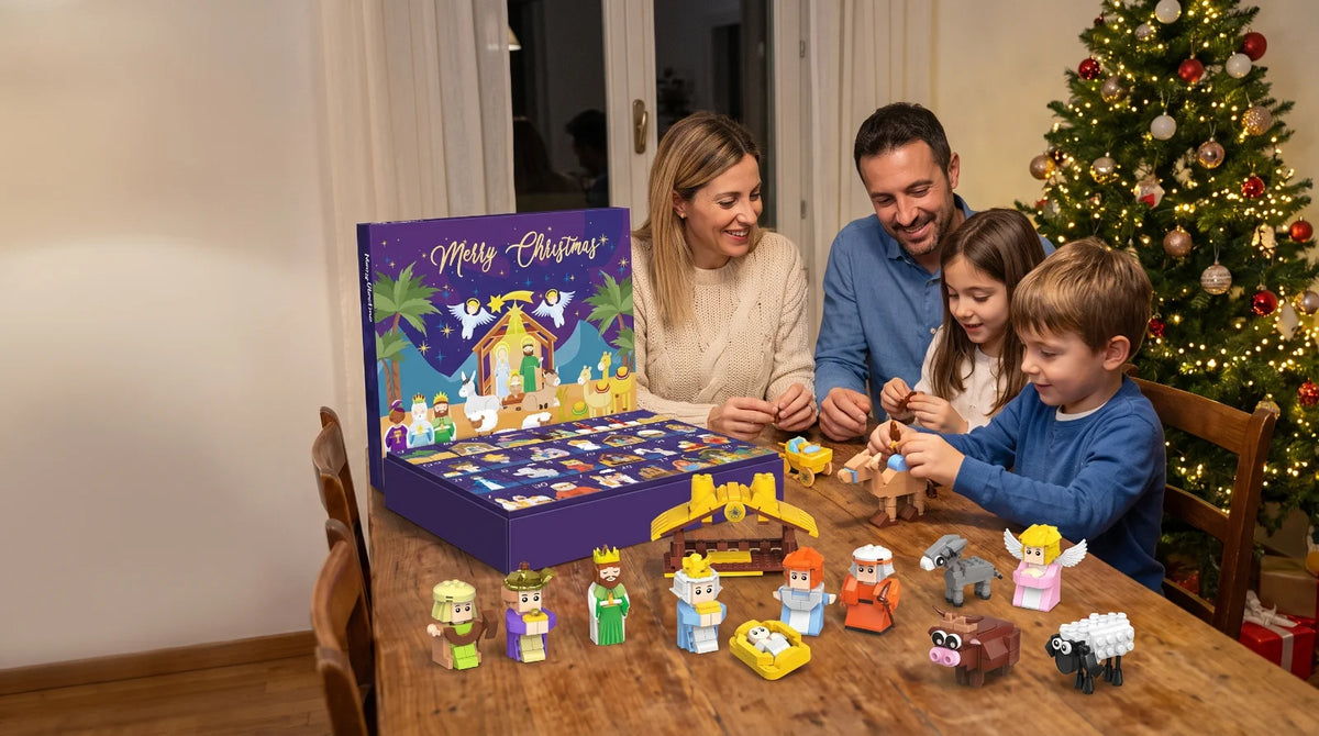 Una famiglia costruisce insieme il presepe di mattoncini