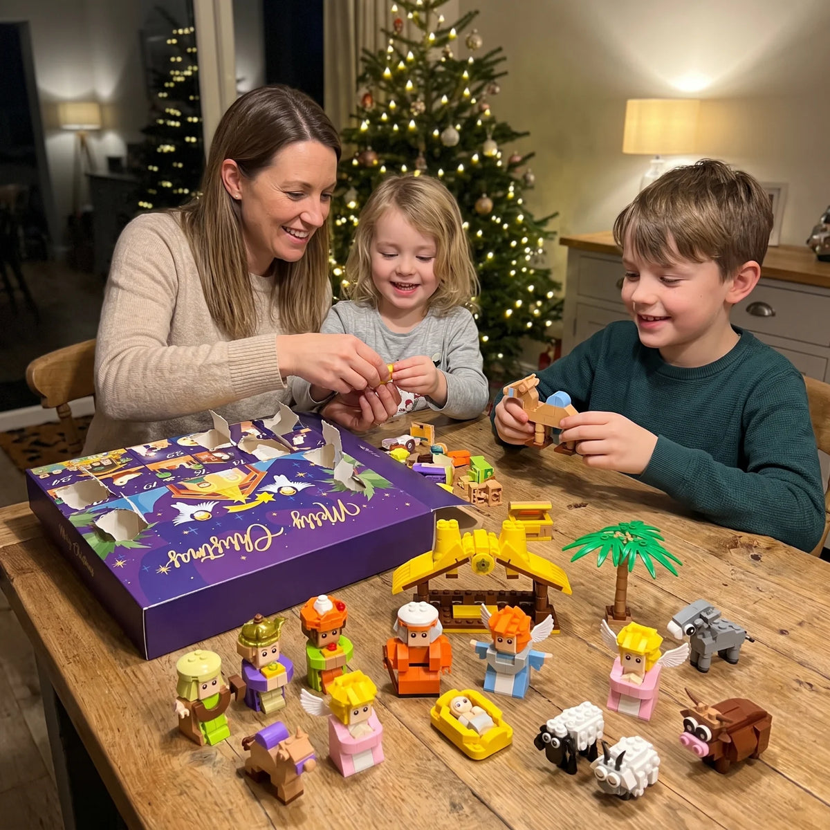 Mamma e bambini costruiscono il presepe